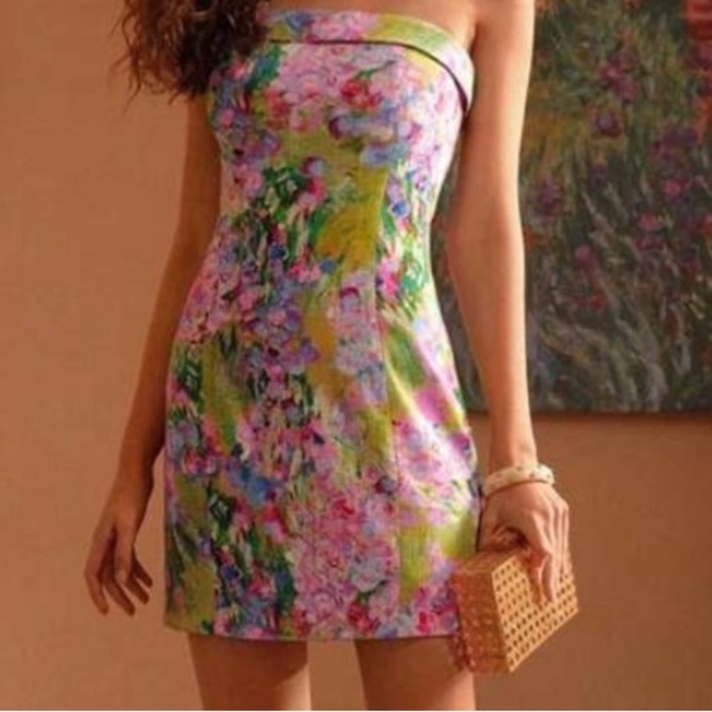 MOTF Multicolor Floral Strapless Dress | Pink Green Midi | M | NWT